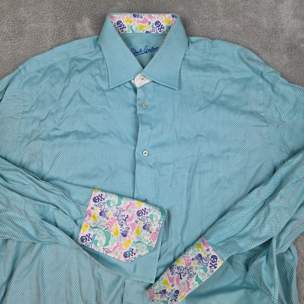 Robert Graham Button Down Shirt Mens XL Diamond Weave Skull Print Cuff Turquoise